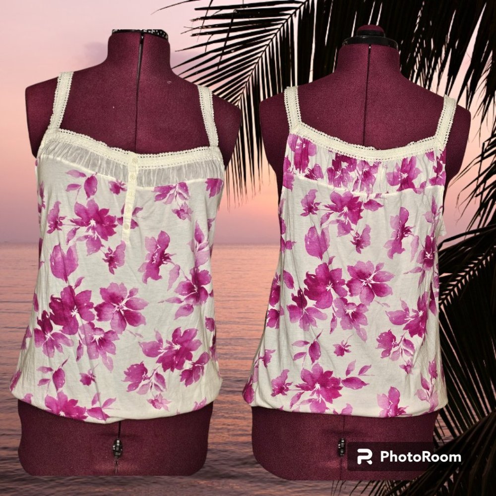 Aerie Pink and White Floral Pattern Tank Top Y2K Era Summer Size XL‎